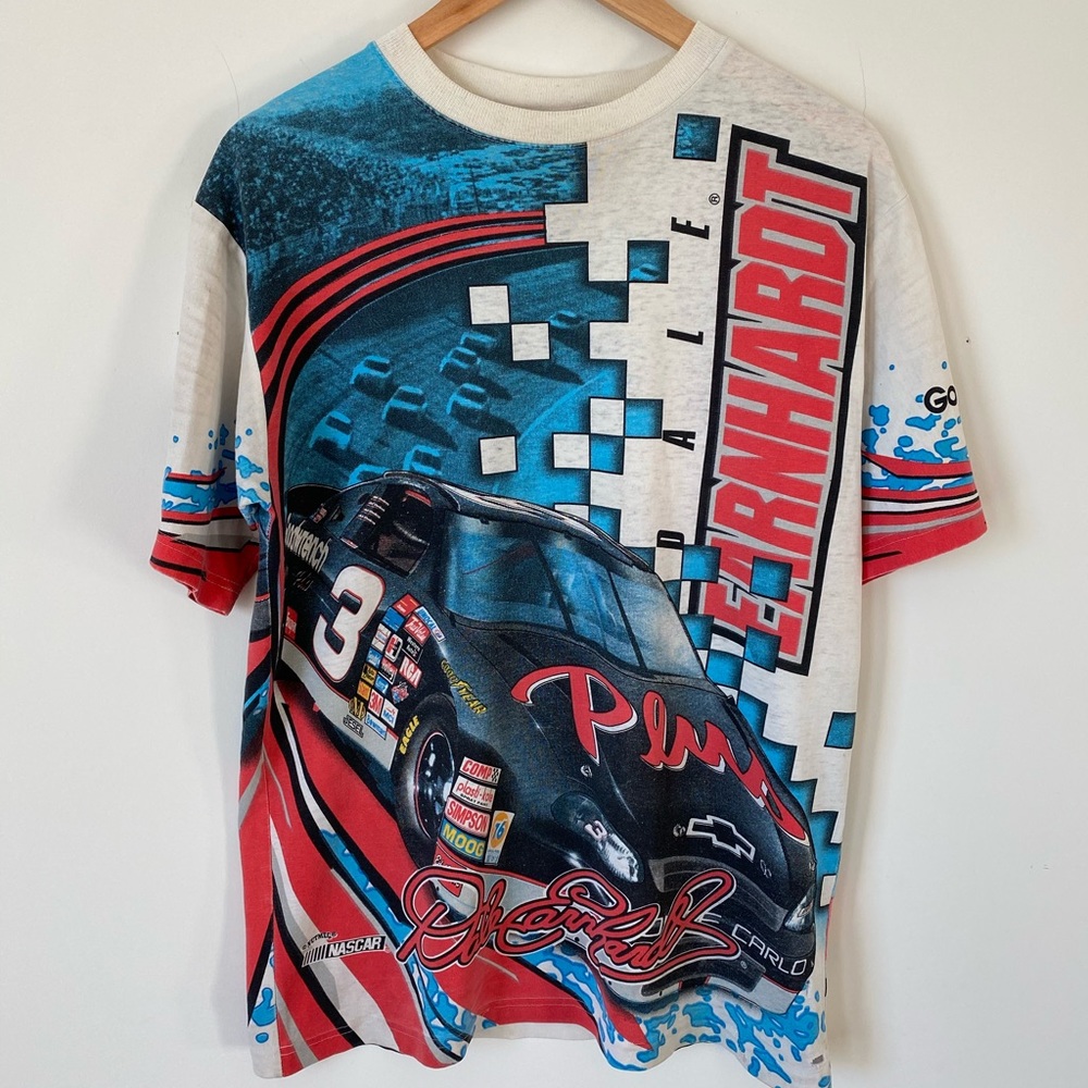 Vintage 90s Nutmeg Chase Authentics Dale Earnhardt AOP Tee Shirt made in U.S.A.